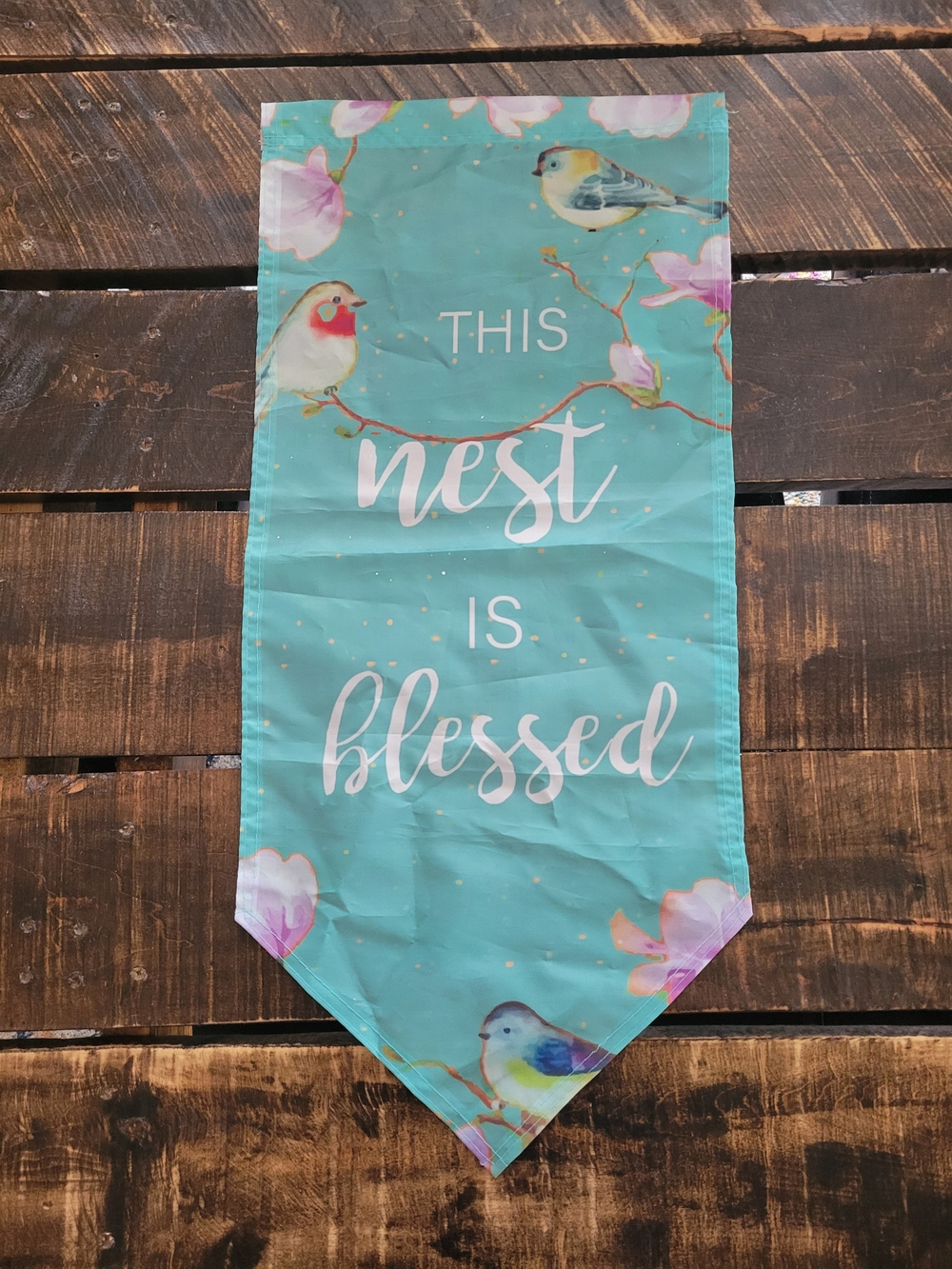 "This Nest Is Blessed" Teal Bird Garden Banner To Hang On A Flag Hook